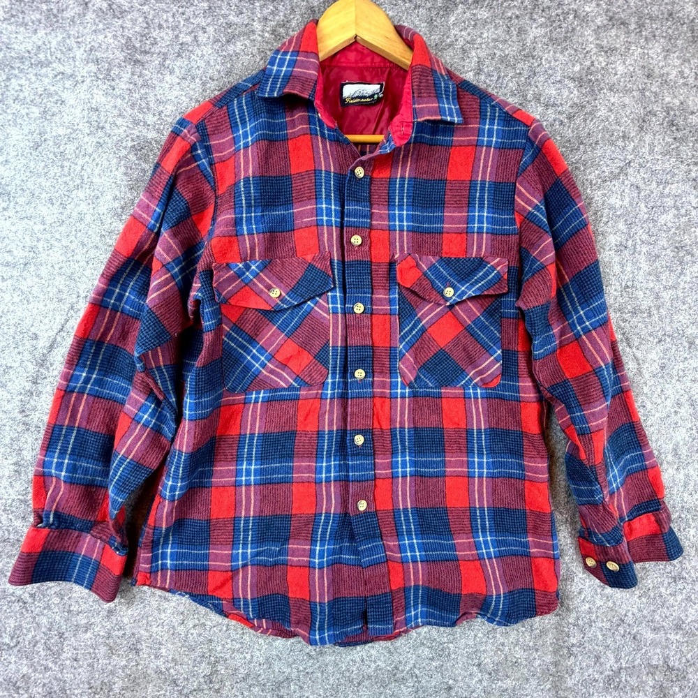 Vintage Fieldmaster Flannel Shirt Mens M Red Blue Plaid Lumberjack Cabin Grunge